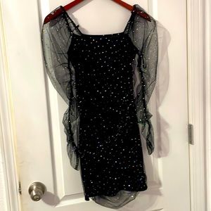 black bodycon dress with holographic rhinestones